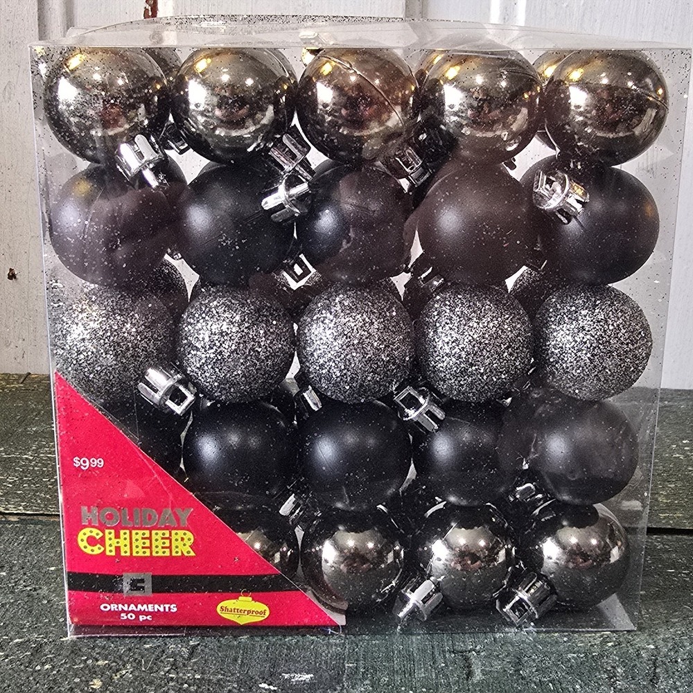 1 Box of 50 Vtg 1" MINI Black & Silver Shatterproof BALL ORNAMENTS Christmas NEW